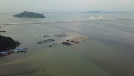 Aerial-view-fish-farm-on-sea-at-Teluk-Tempoyak,-Pulau-Pinang.